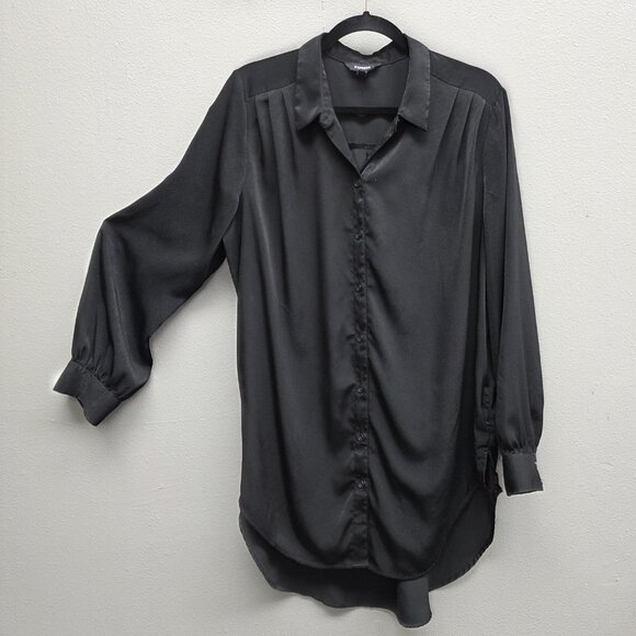 Express Shirt Womens XL Black Button Front Long Sleeve Tunic Pleated Shoulder - Picture 1 of 11